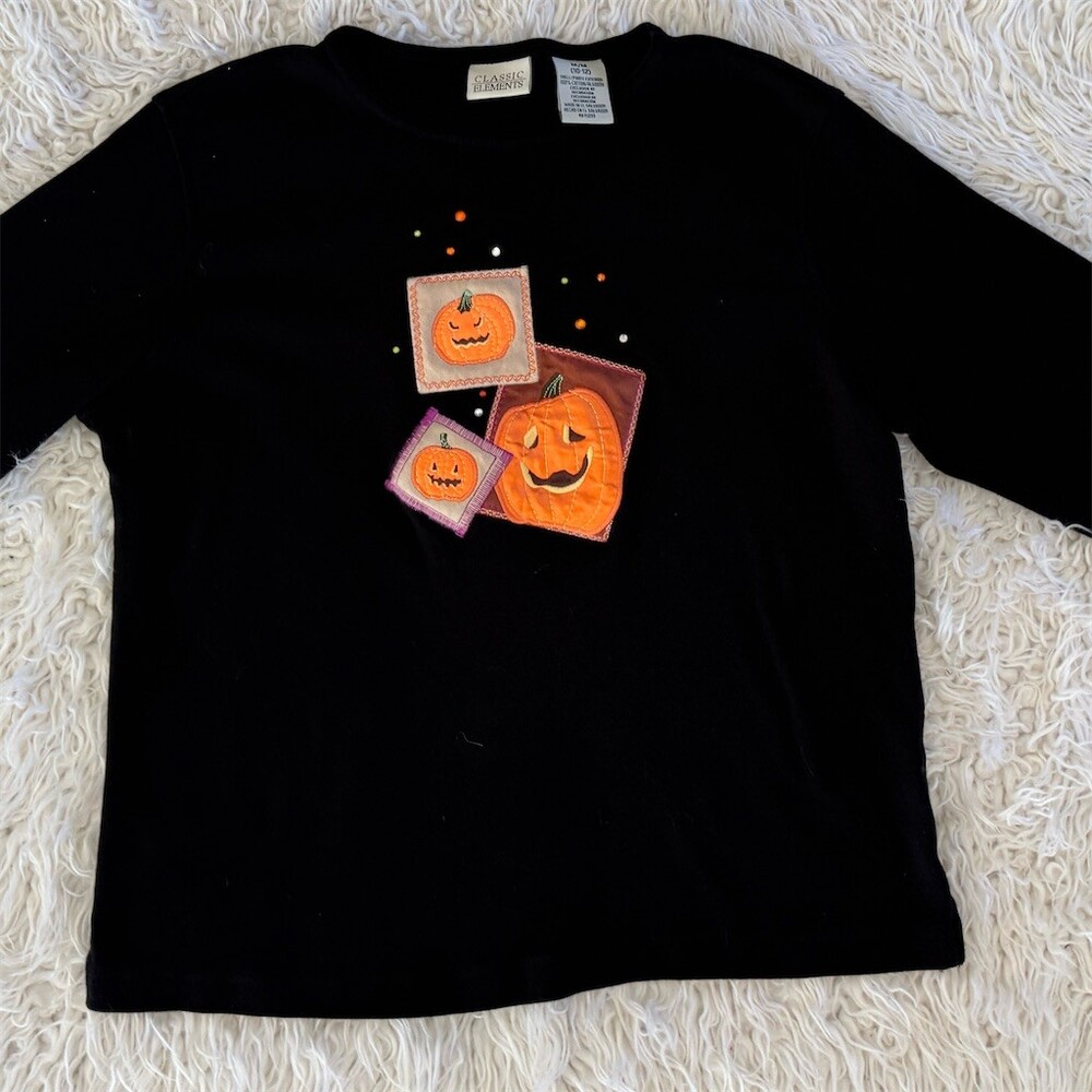 Classic Elements Top Womens M Black Halloween Pumpkin Applique Beaded
